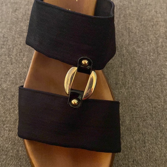 Italian Shoemakers Black Nylon Brass And Leather Wedge Sandal Womens Size 9 - Picture 11 of 15